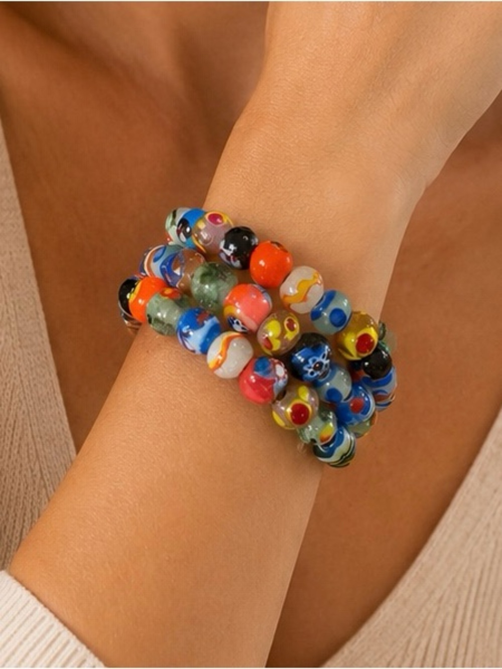 Vibrant Millefiori Art Glass Wrap Bracelet Orange Blue Green Yellow